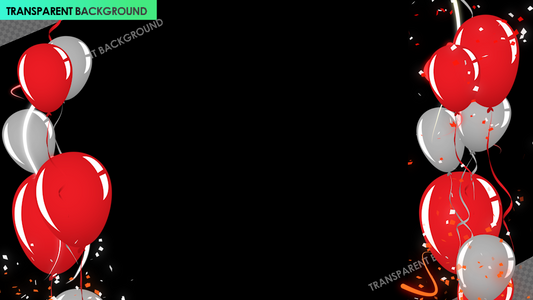 Red and White Party Balloon Frame Overlay with Ribbons and Poppers