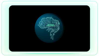 Artificial Intelligence Brain Dark Blue Badge with Glitch Text