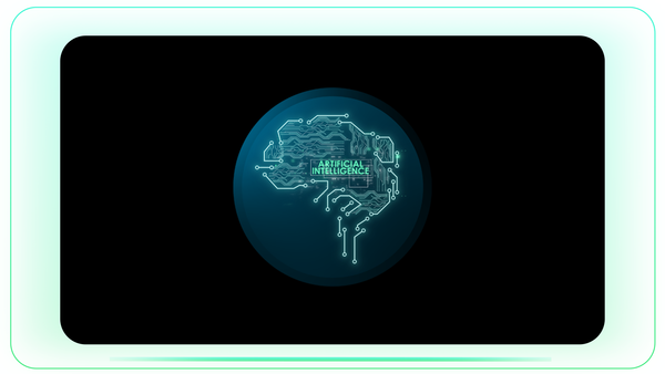 Artificial Intelligence Brain Dark Blue Badge with Glitch Text