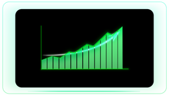 Rising Green Bar Graph with Upward Curved Arrow and Axis Points
